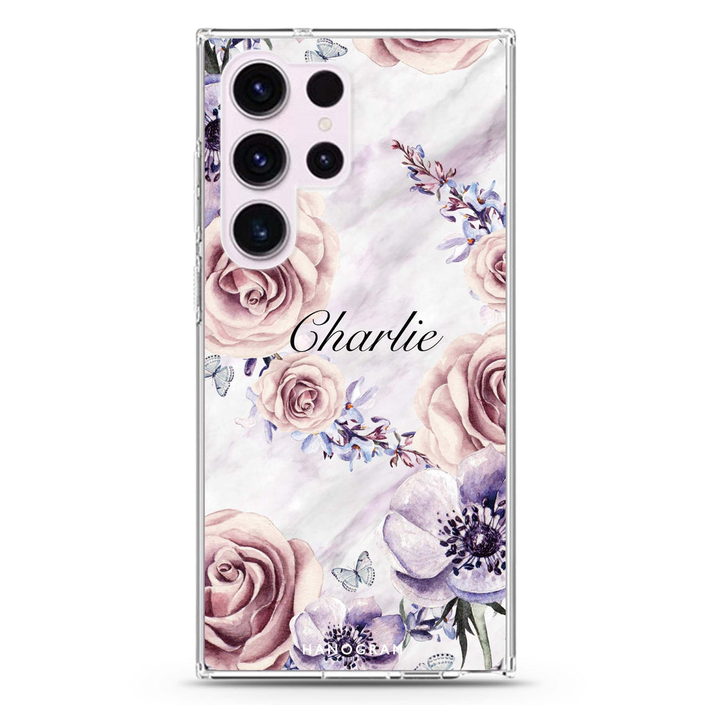 White Marble & Flower Ultra Clear Case For Galaxy S24 Ultra