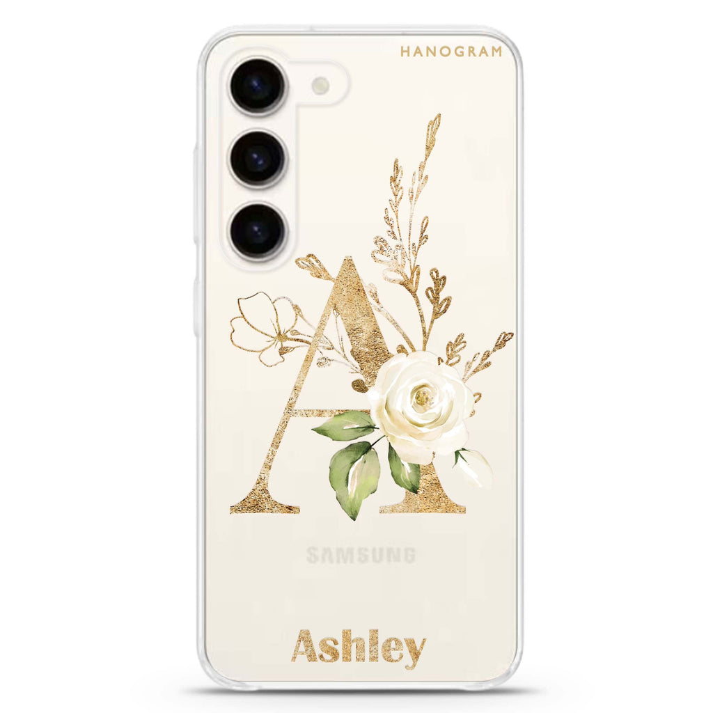 Golden Floral Monogram Galaxy S22 Ultra Clear Case