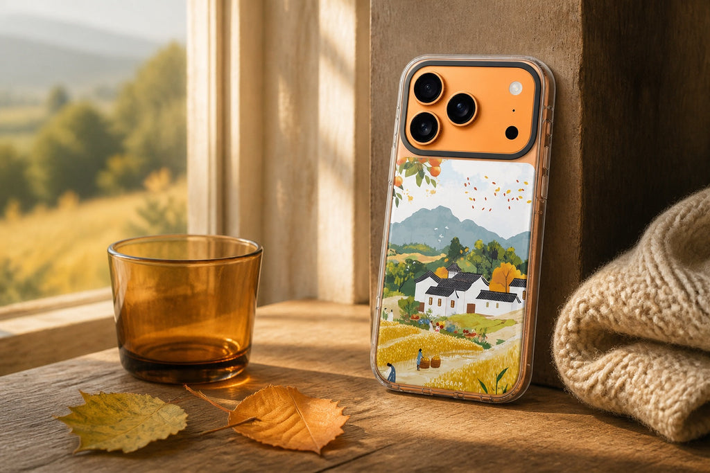 Hanogram Autumn Balance Ultra Clear Case on an iPhone 17 Pro Max in warm late-summer light