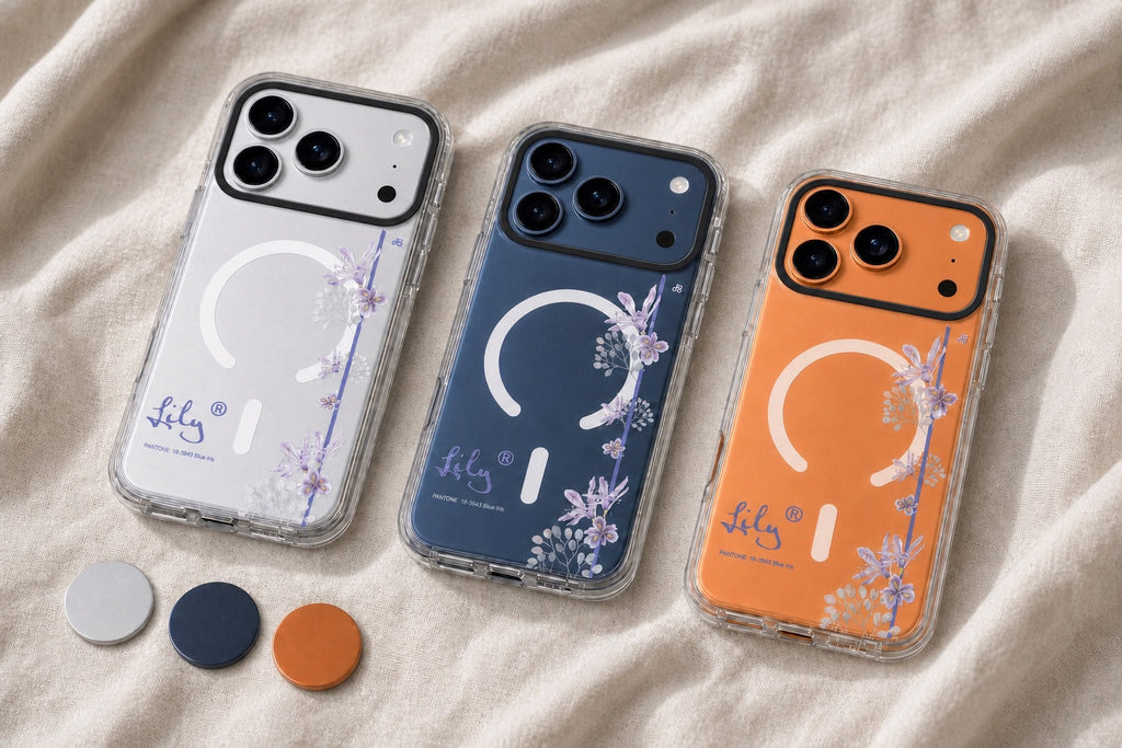 Three iPhone 17 Pro Max phones in Silver, Deep Blue and Cosmic Orange wearing Hanogram Blue Iris II Clear Cases