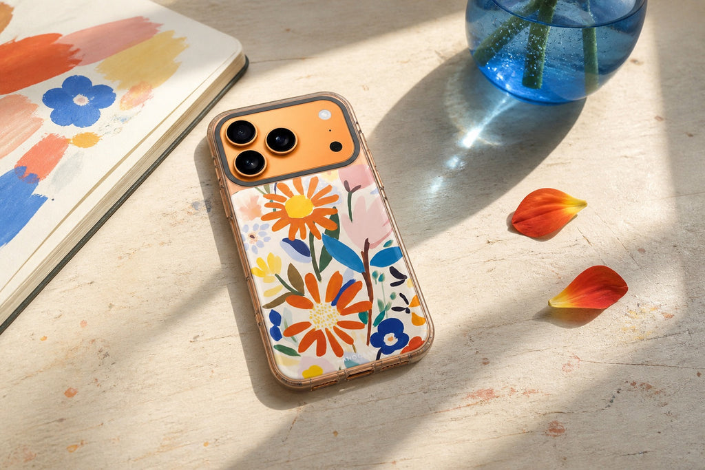 Hanogram Bloom Brushwork Ultra Clear Case on an iPhone 17 Pro Max beside an artist sketchbook and flower petals
