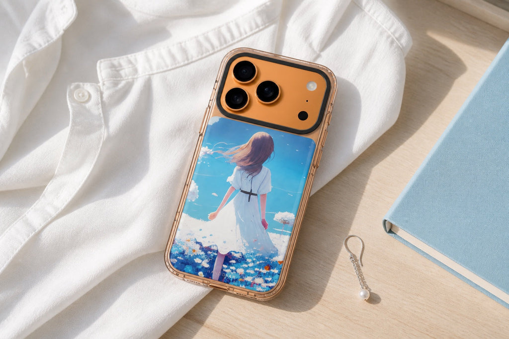 Hanogram A Dream Ultra Clear Case on an iPhone 17 Pro Max styled with a white shirt and pale blue book
