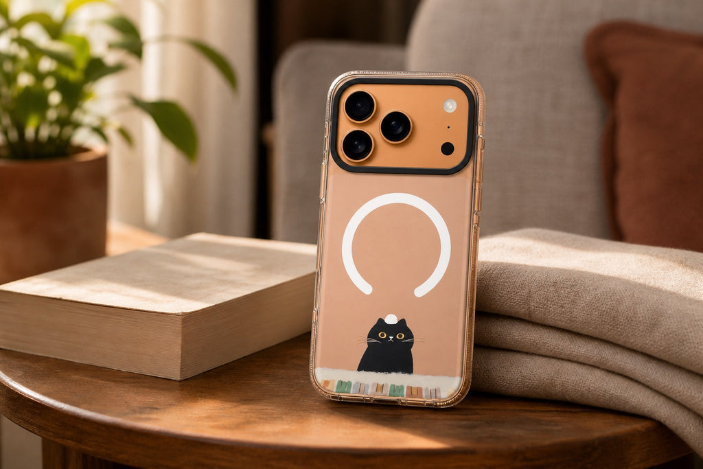 Hanogram Cat Sonata Ultra Clear Case on an iPhone 17 Pro Max beside a book and folded linen at home