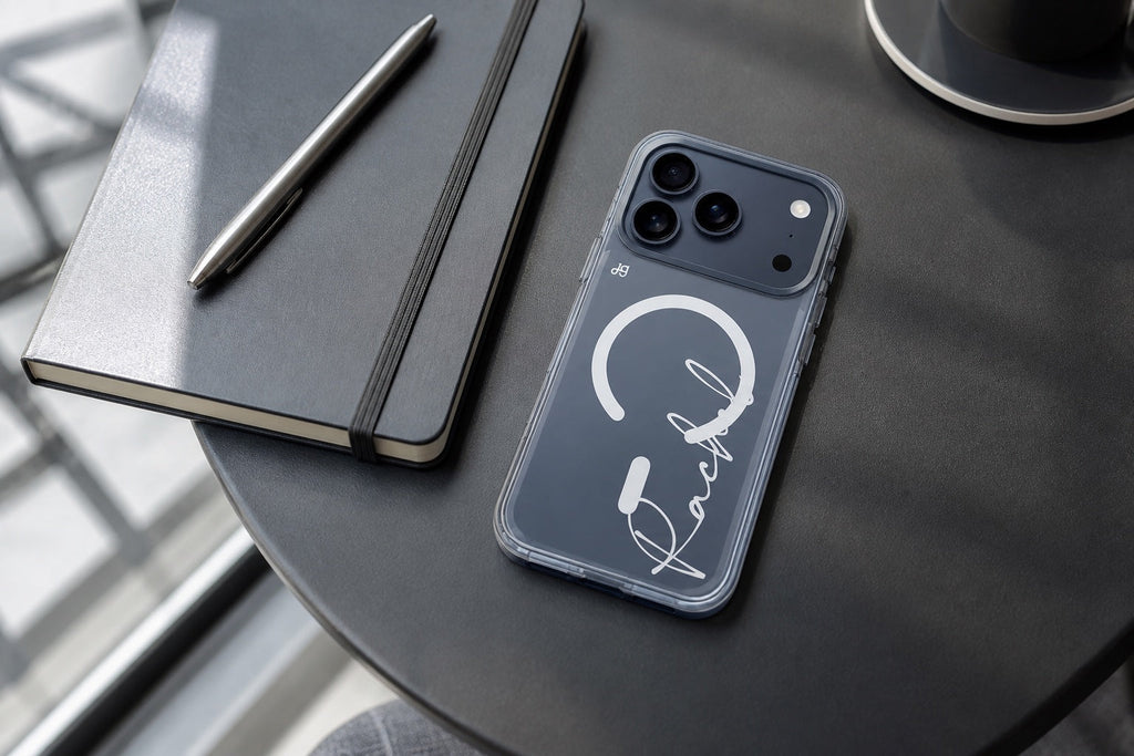 Hanogram Personalized Script Ultra Clear Case on a Deep Blue iPhone 17 Pro Max beside a notebook