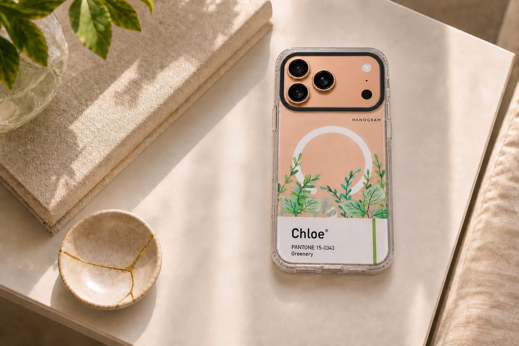 An iPhone 17 Pro Max wearing a Hanogram Greenery Ultra Clear Case