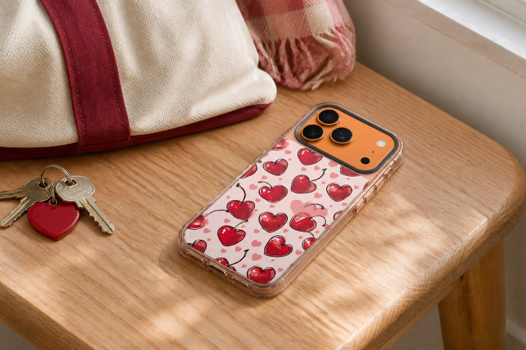 Hanogram Cherry Amore Ultra Clear Case on an iPhone 17 Pro Max beside a tote bag and keys