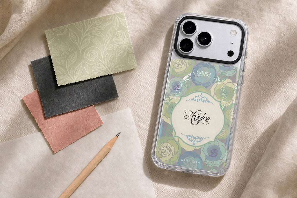 Hanogram Art of Rose I Ultra Clear Case on an iPhone 17 Pro Max beside design colour swatches