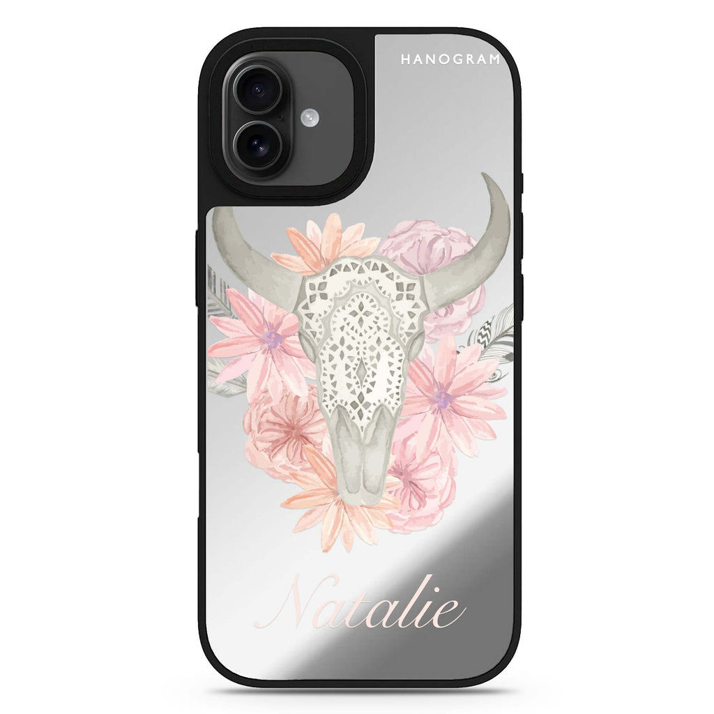 Skull Bull & Watercolor Flowers personalized name floral abstract art iPhone 17 mirror case