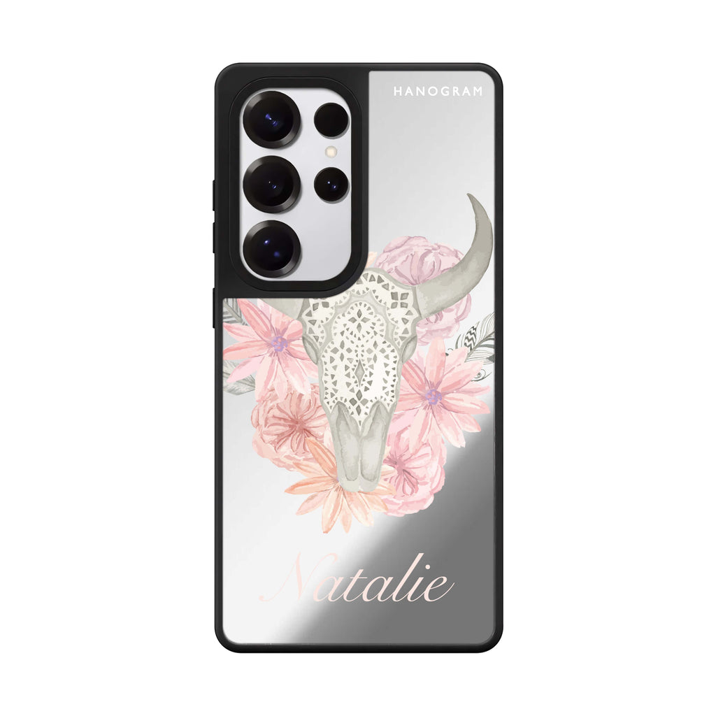Custom Skull Bull & Watercolor Flowers Samsung Galaxy S25 S24 S23 Ultra mirror case, front view