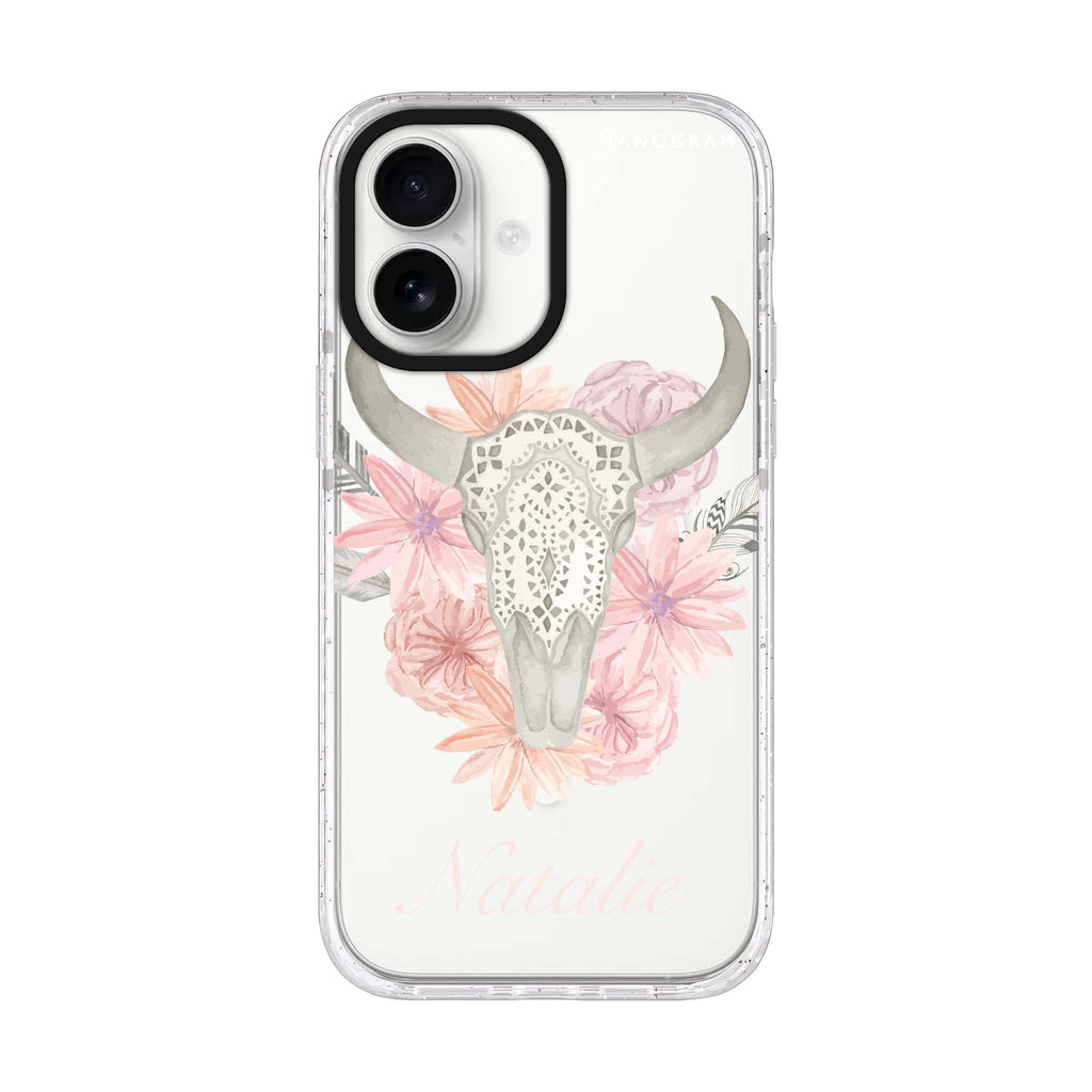Skull Bull & Watercolor Flowers personalized name iPhone 17 ultra clear MagSafe case, front product view