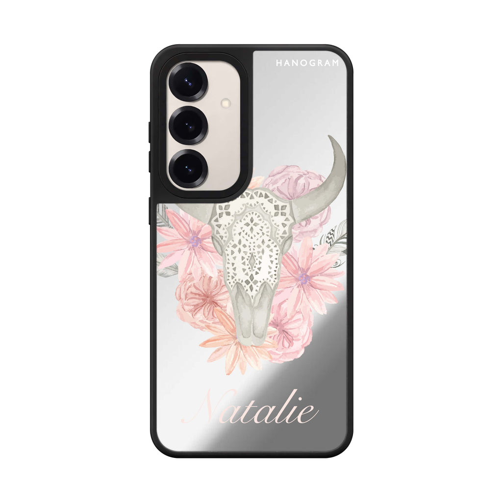 Custom name Skull Bull Watercolor Flowers Samsung Galaxy mirror case front view