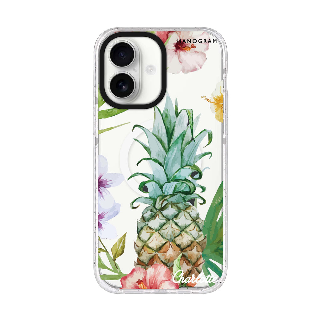 Pineapple & Floral personalized name iPhone 17 ultra clear MagSafe case, front product view
