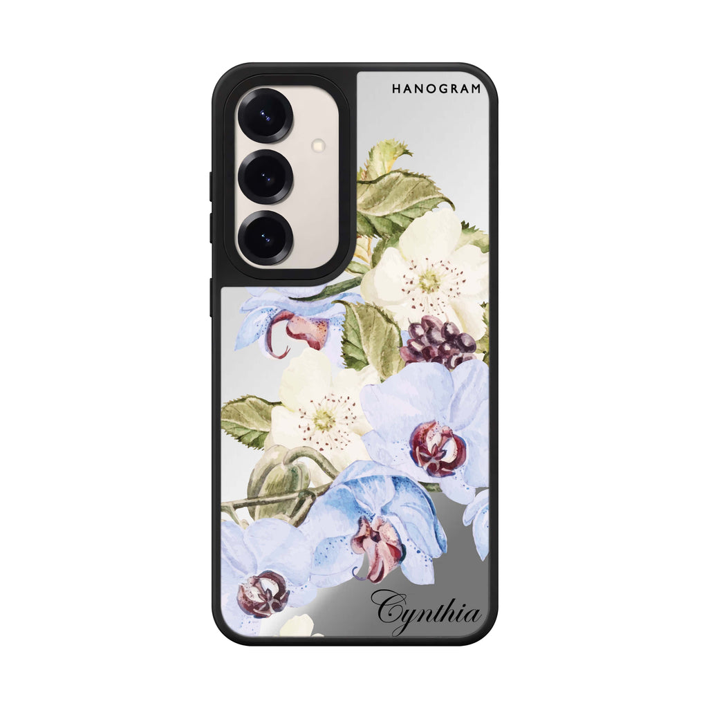 Custom name Light Blue Floral Samsung Galaxy mirror case front view