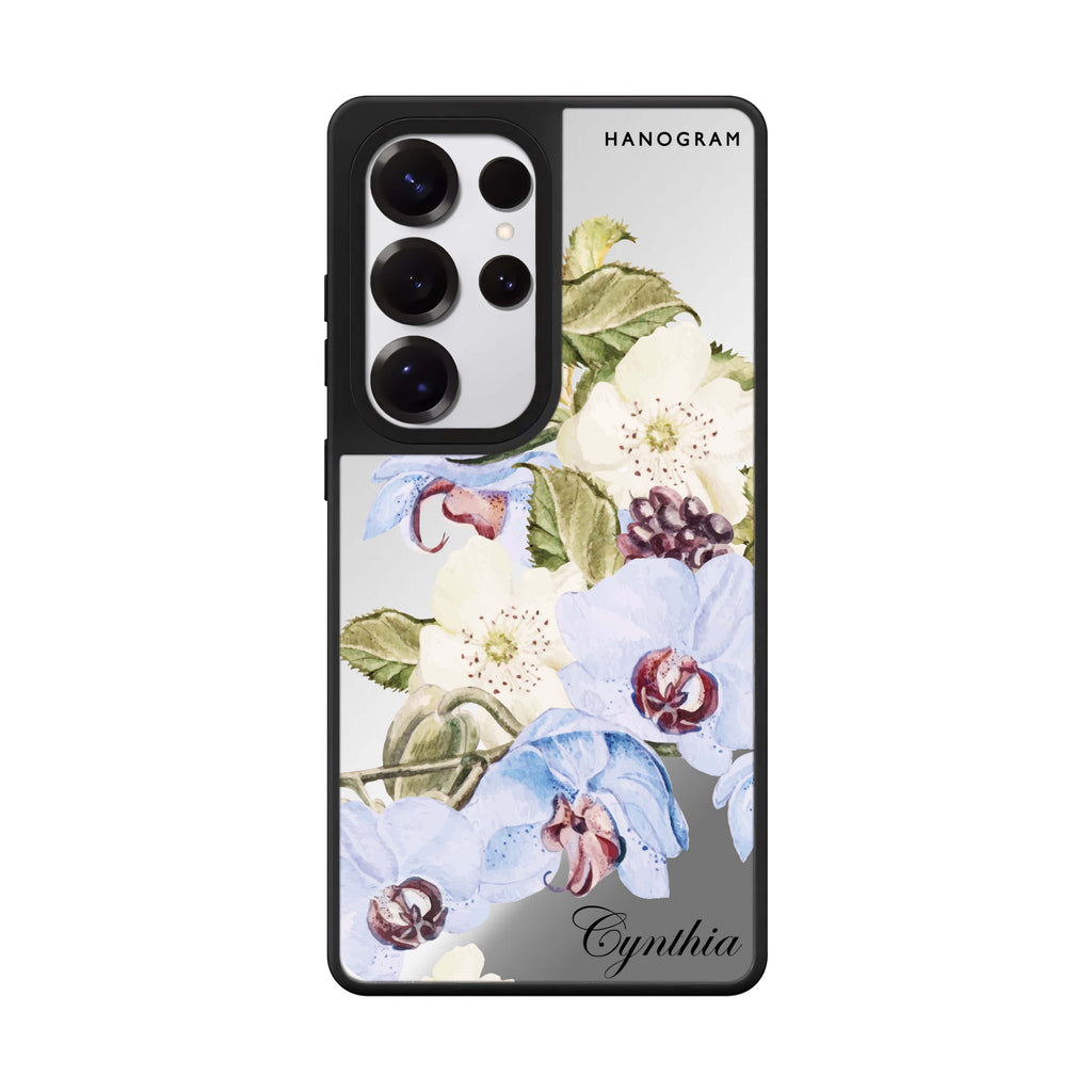 Custom Light Blue Floral Samsung Galaxy S25 S24 S23 Ultra mirror case, front view