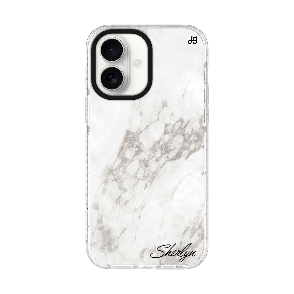 Simple White Marble personalized name iPhone 17 ultra clear MagSafe case, front product view