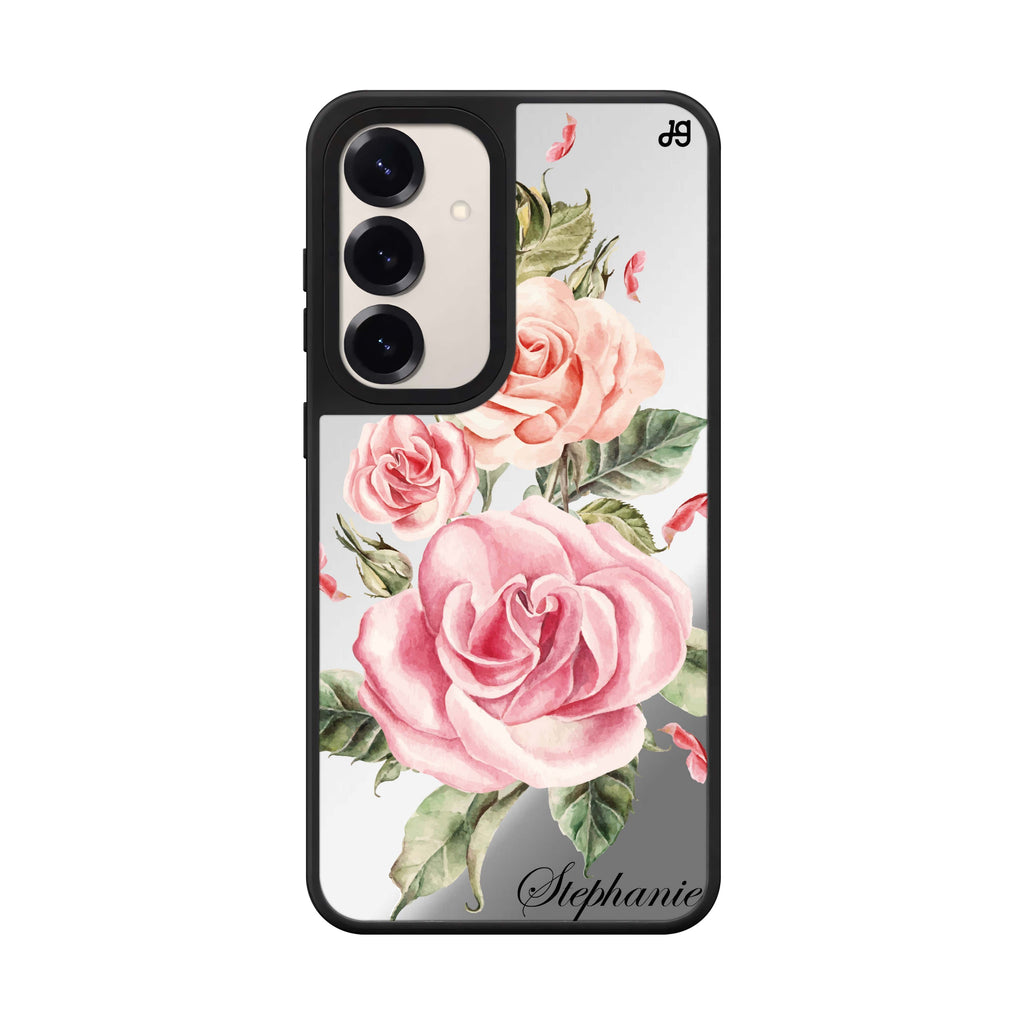 Custom name Pink Watercolor Floral Samsung Galaxy mirror case front view