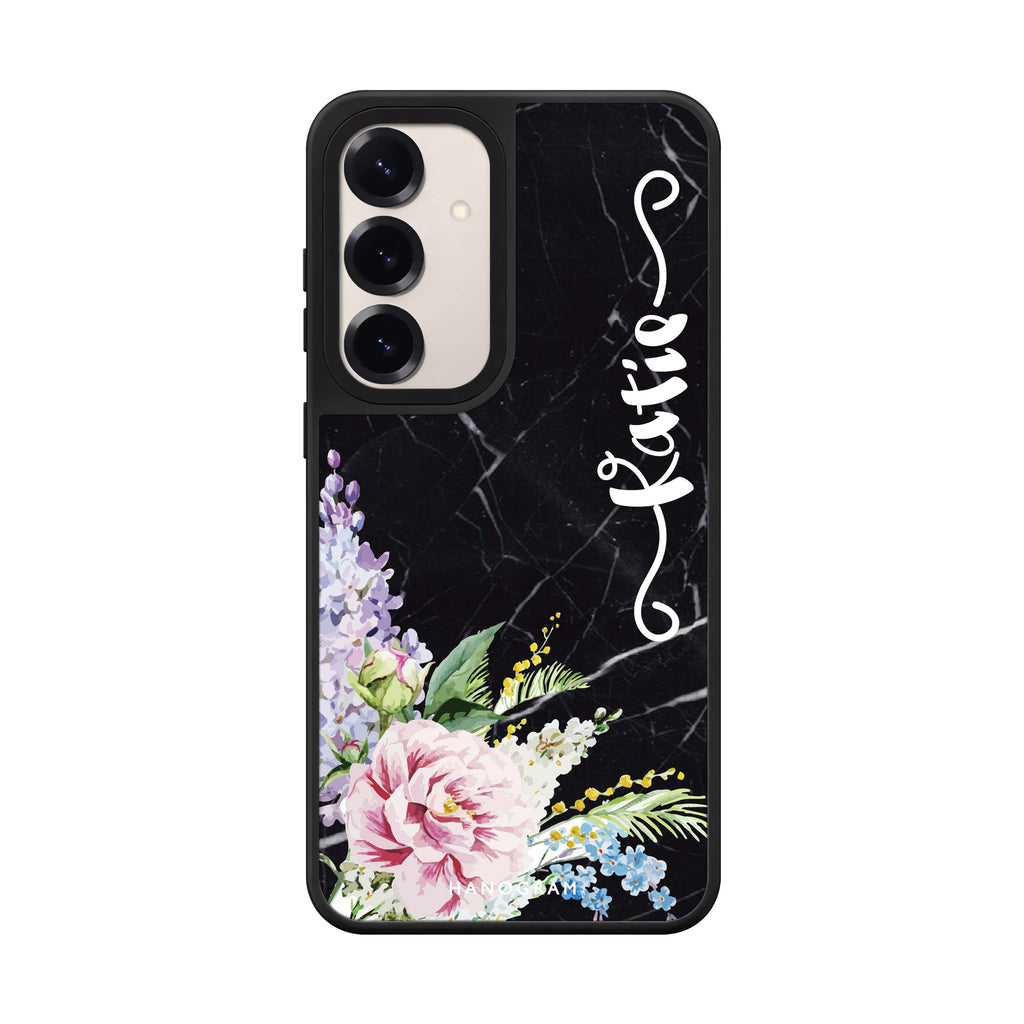 Custom name Floral Black Marble Samsung Galaxy mirror case front view
