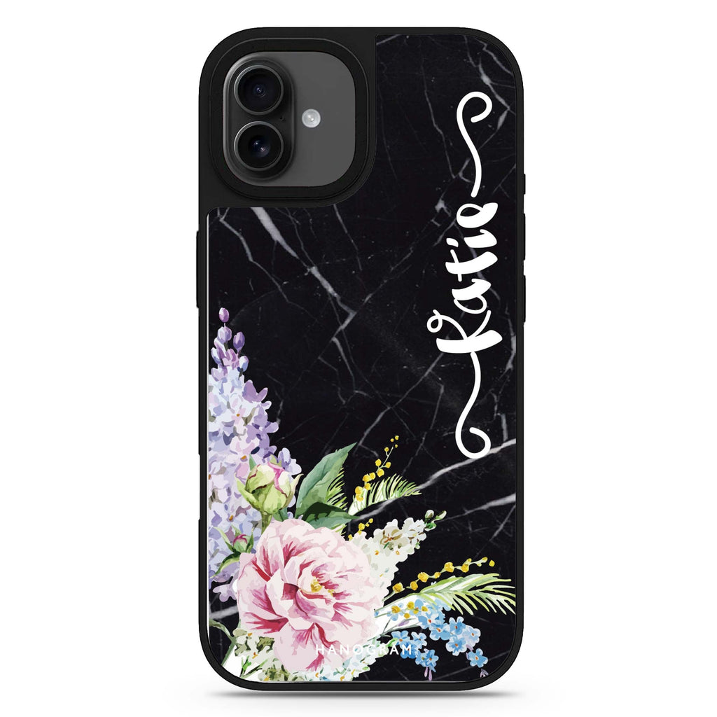 Floral & Black Marble personalized name abstract art iPhone 17 mirror case