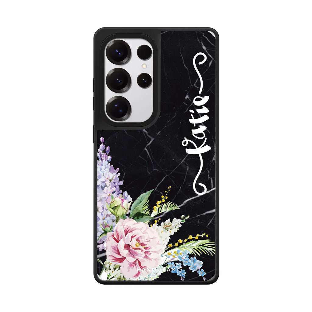 Custom Floral & Black Marble Samsung Galaxy S25 S24 S23 Ultra mirror case, front view