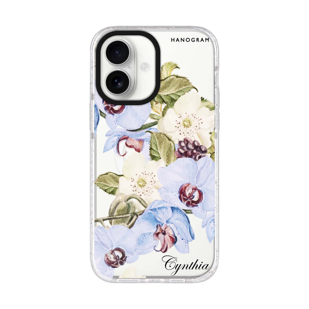 Light Blue Floral personalized name iPhone 17 ultra clear MagSafe case, front product view