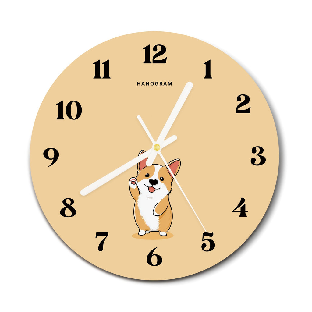 Happy Corgi Wave premium glass wall clock, dog home decor clock, main view