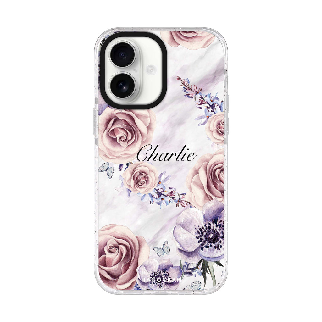 White Marble & Flower personalized name iPhone 17 ultra clear MagSafe case, front product view