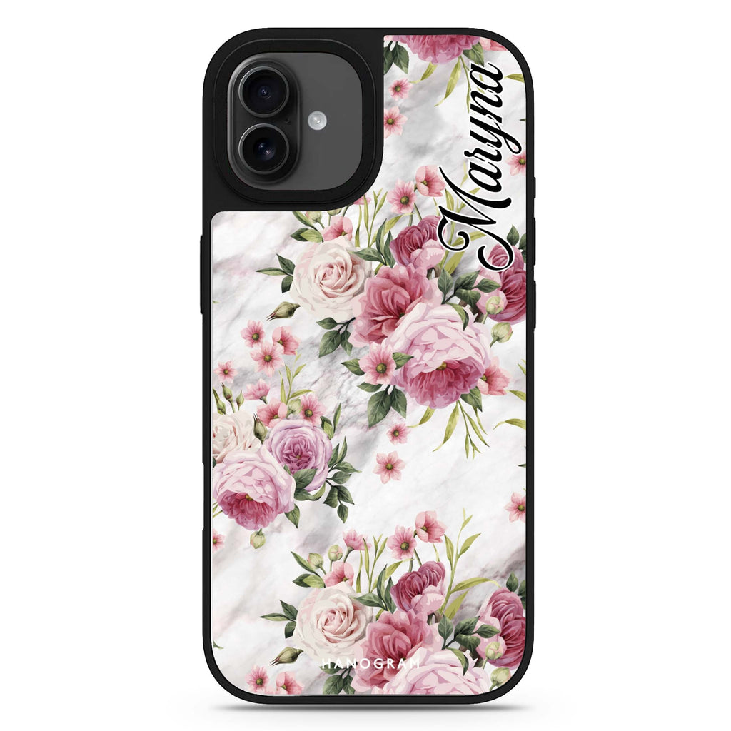 Marble and Pink Floral personalized name abstract art iPhone 17 mirror case