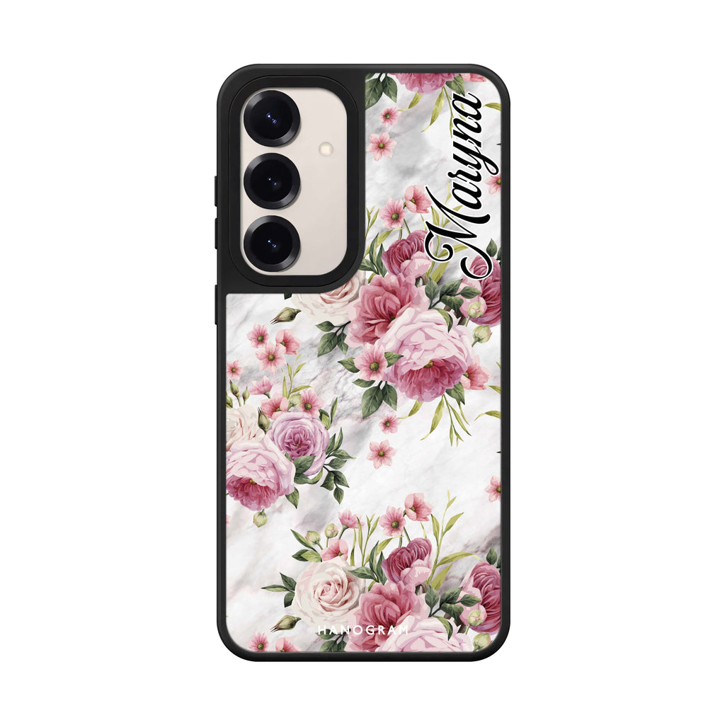 Marble and Pink Floral Mirror Case