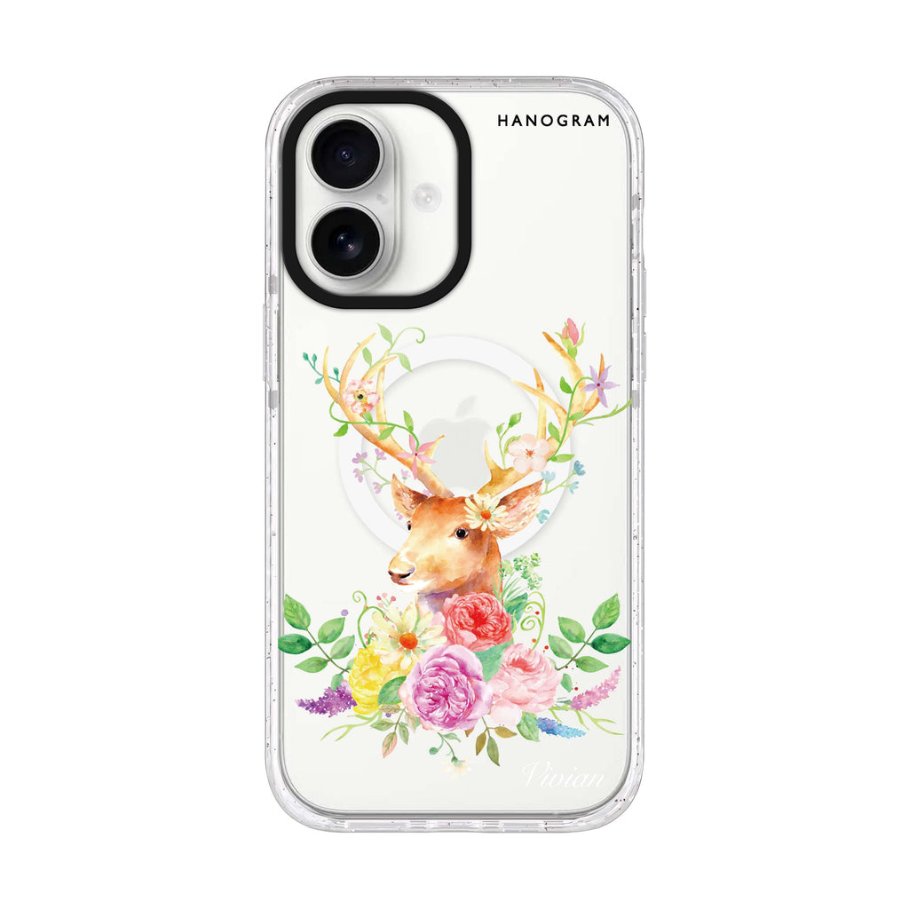 Floral & Deer personalized name iPhone 17 ultra clear MagSafe case, front product view