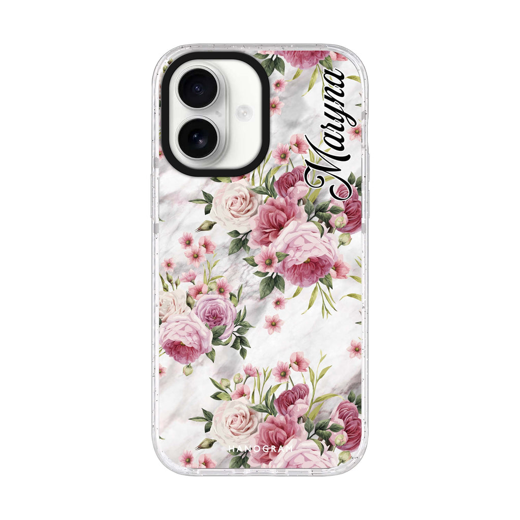 Marble and Pink Floral personalized name iPhone 17 ultra clear MagSafe case, front product view