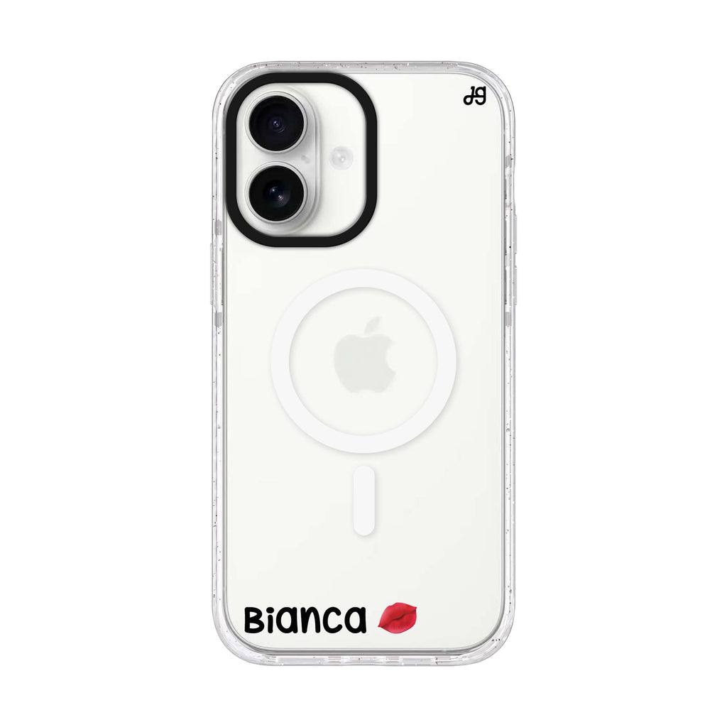 A Kiss personalized name iPhone 17 ultra clear MagSafe case, front product view