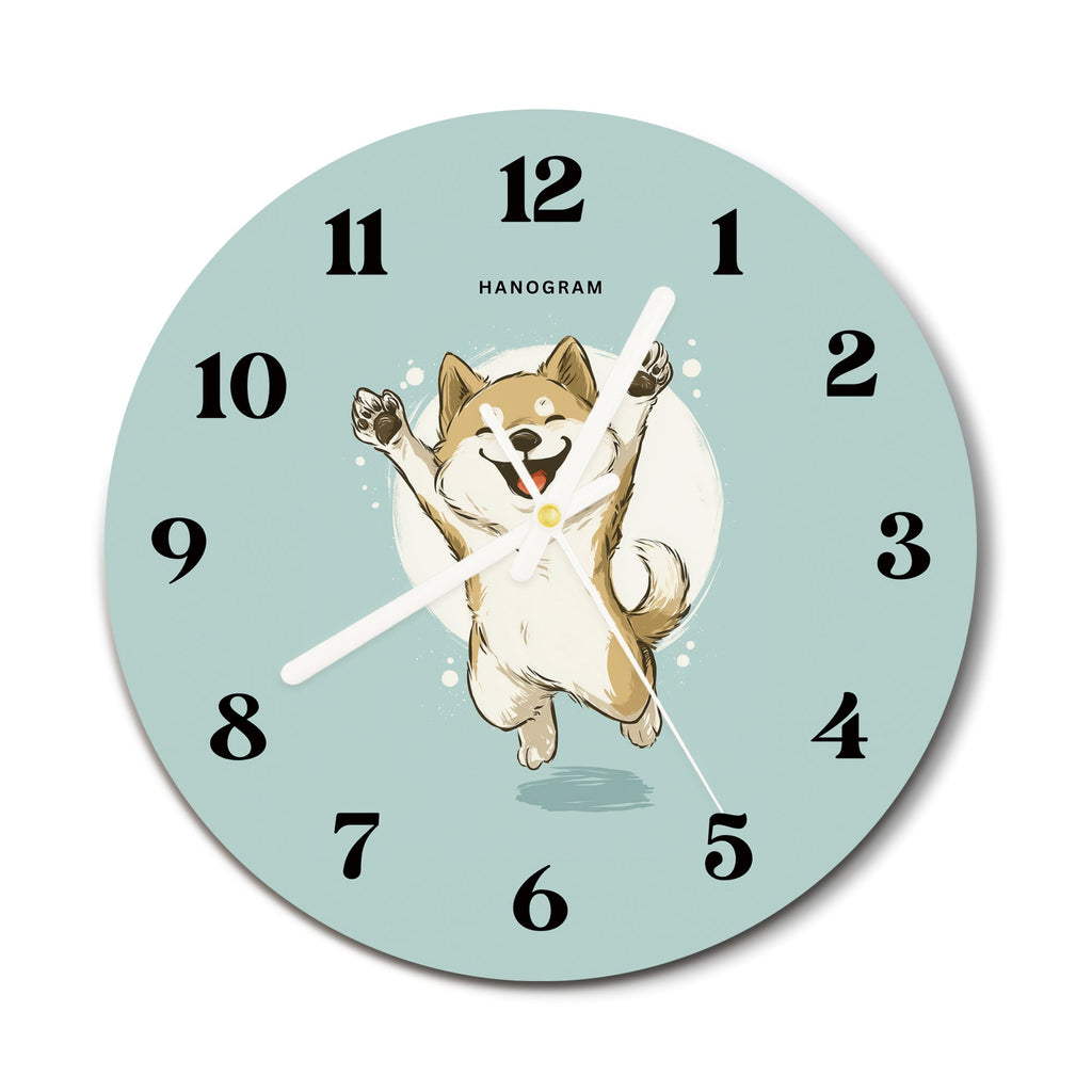 Joyful Shiba Jump premium glass wall clock, dog home decor clock, main view