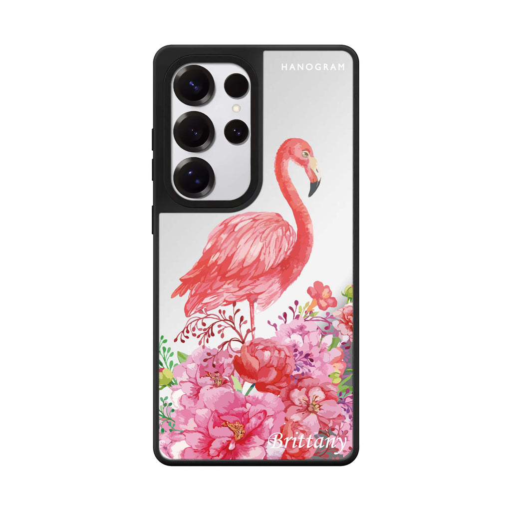 Custom Flamingo & Flower Samsung Galaxy S25 S24 S23 Ultra mirror case, front view