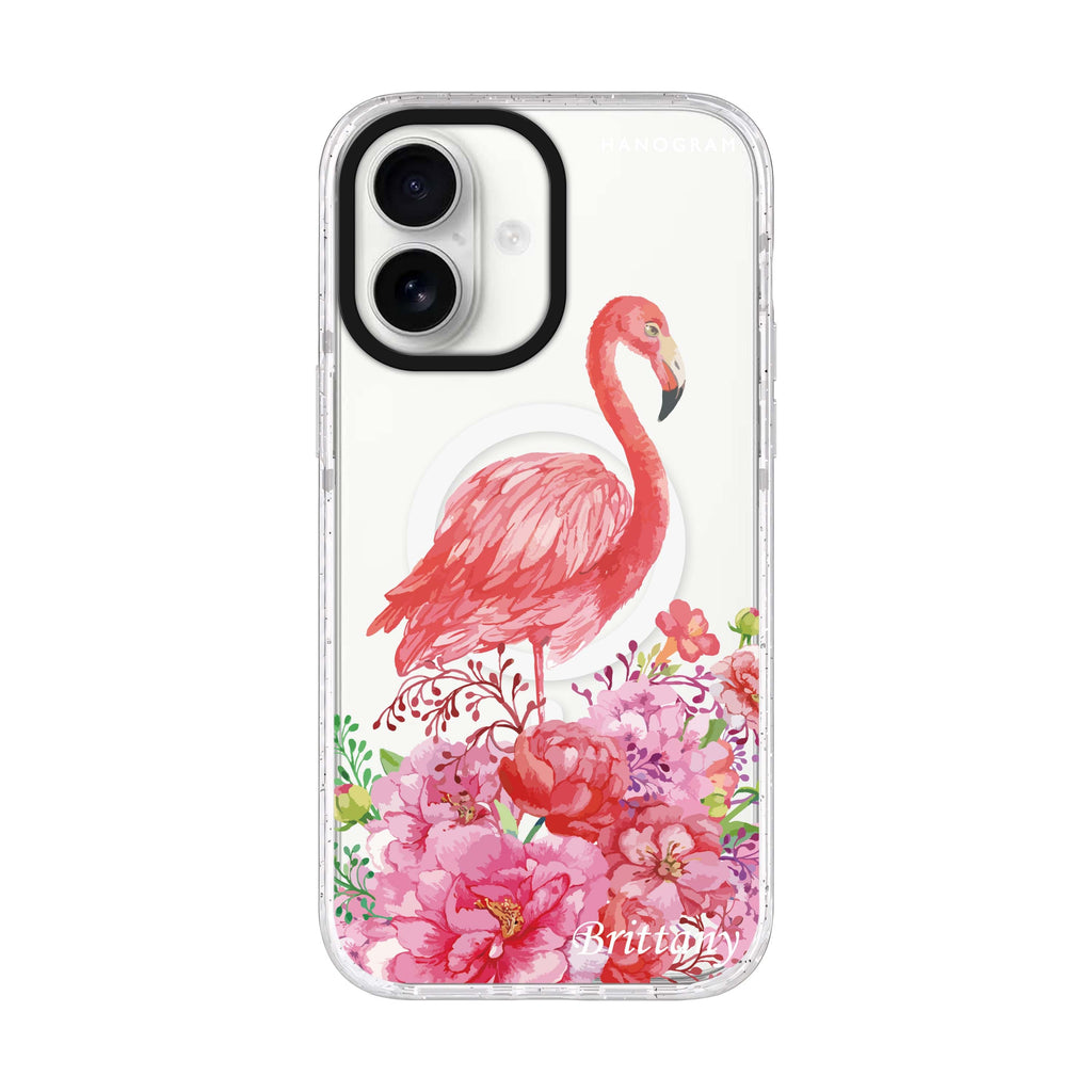 Flamingo & Flower personalized name iPhone 17 ultra clear MagSafe case, front product view