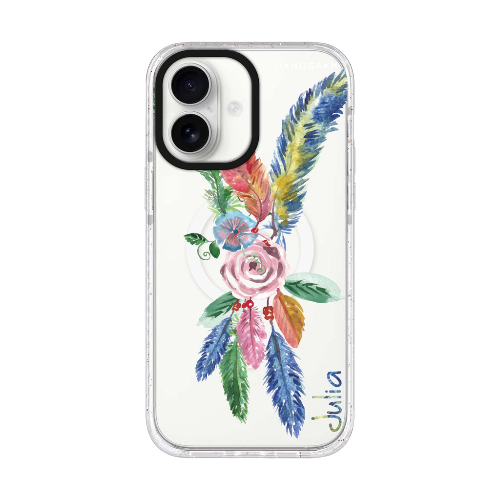 Feather Love personalized name iPhone 17 ultra clear MagSafe case, front product view