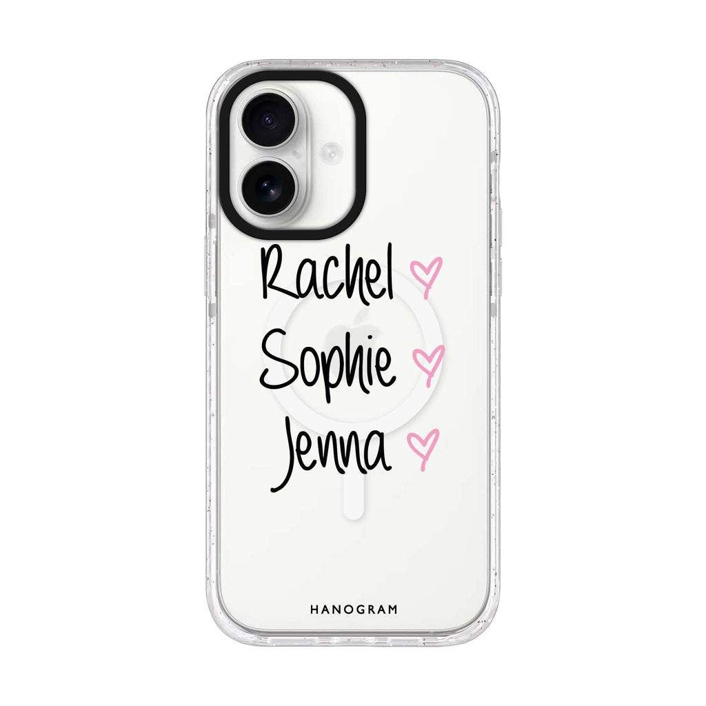 Three Of Us personalized name iPhone 17 ultra clear MagSafe case, front product view
