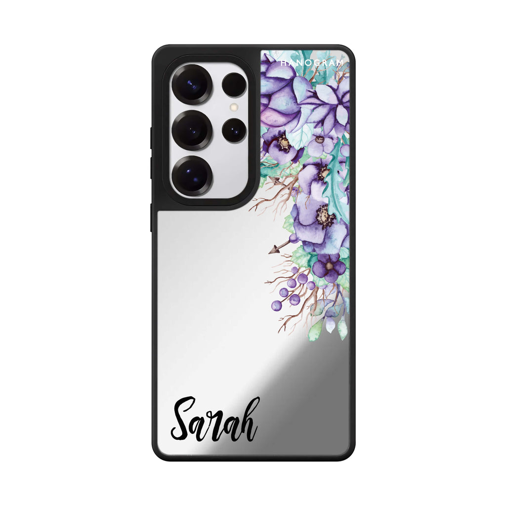 Custom Purple Floral Samsung Galaxy S25 S24 S23 Ultra mirror case, front view