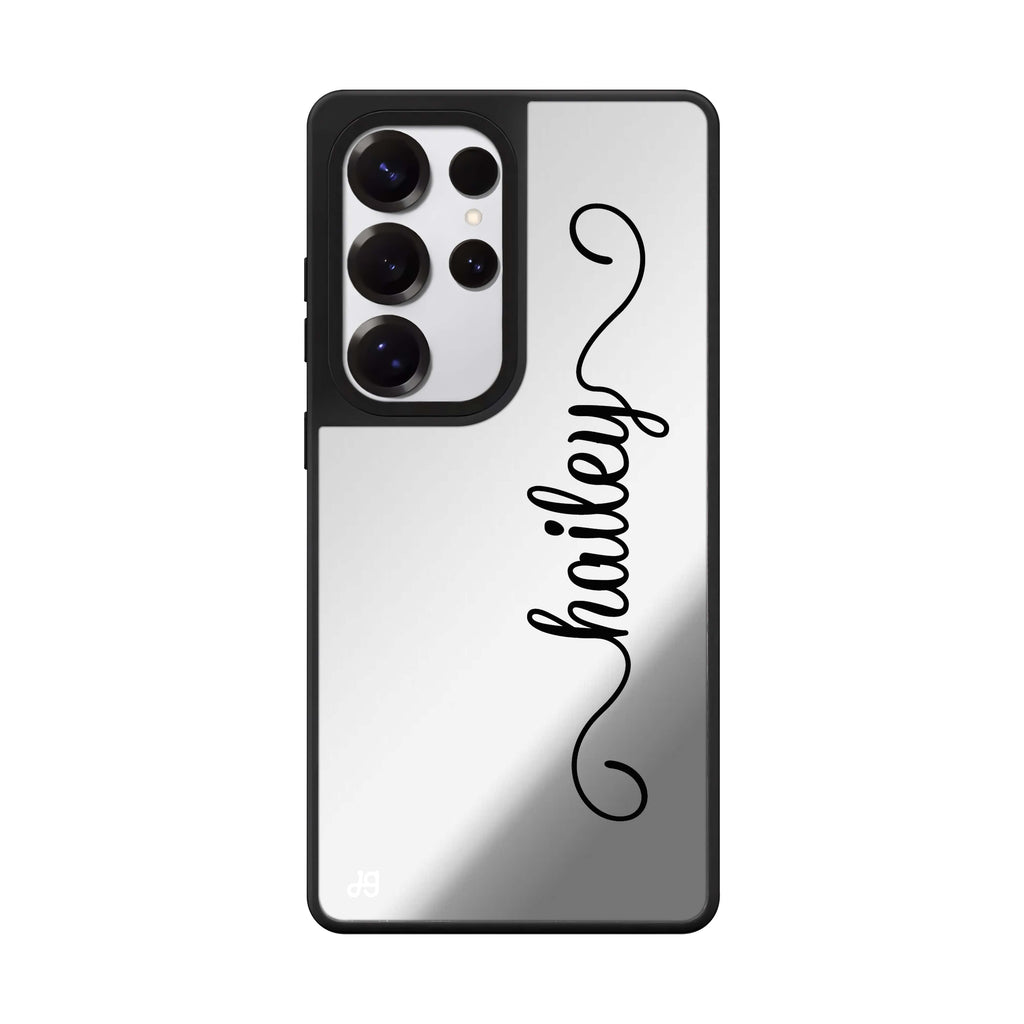 Custom Vertical Cursive Handwritten Samsung Galaxy S25 S24 S23 Ultra mirror case, front view
