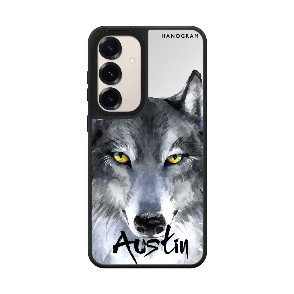 Custom name Snow Wolf Samsung Galaxy mirror case front view