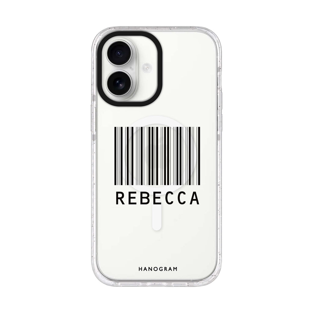 Barcode personalized name iPhone 17 ultra clear MagSafe case, front product view