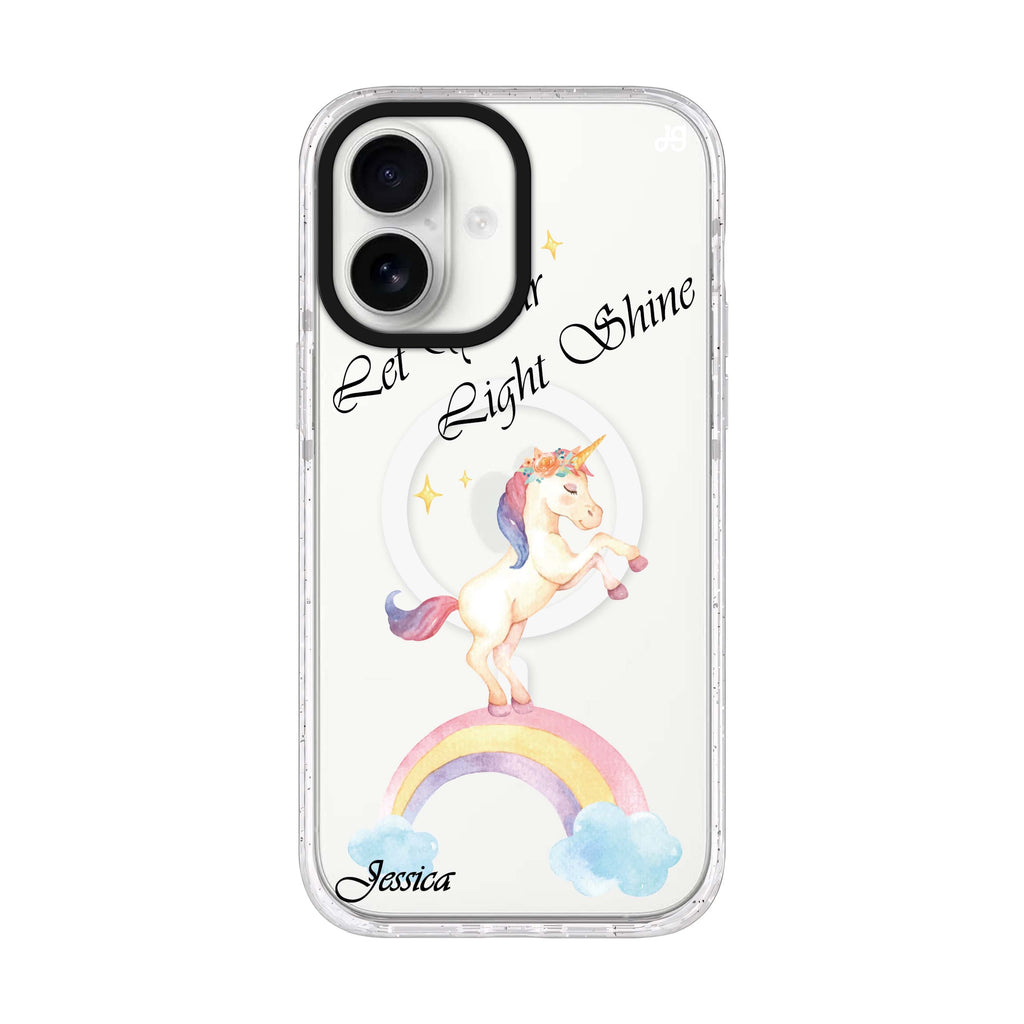 Rainbow Unicorn personalized name iPhone 17 ultra clear MagSafe case, front product view