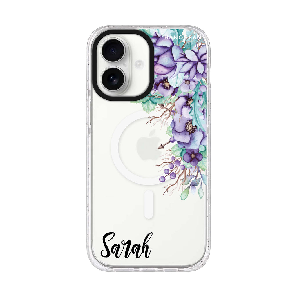 Purple Floral personalized name iPhone 17 ultra clear MagSafe case, front product view