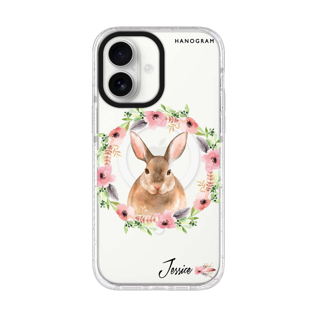 Floral Rabbit personalized name iPhone 17 ultra clear MagSafe case, front product view
