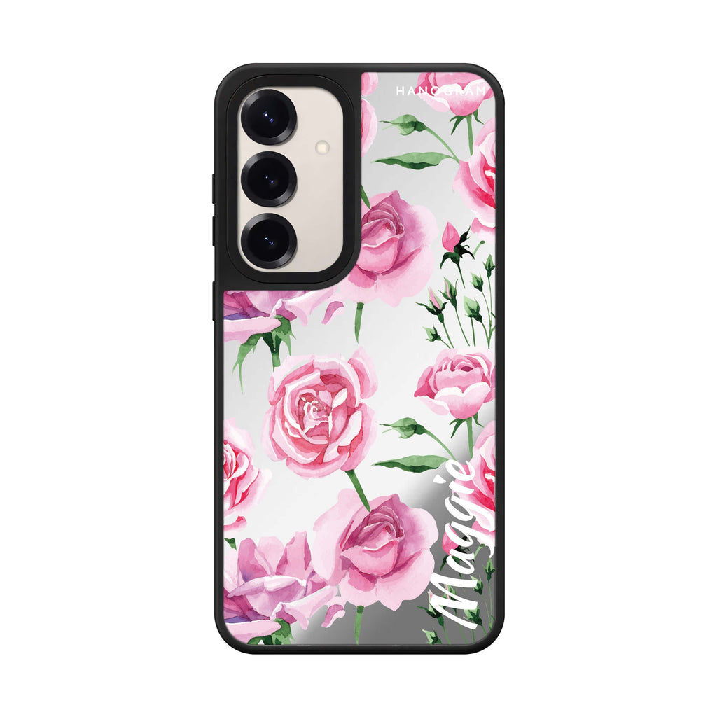 Custom name Pink Rose Samsung Galaxy mirror case front view