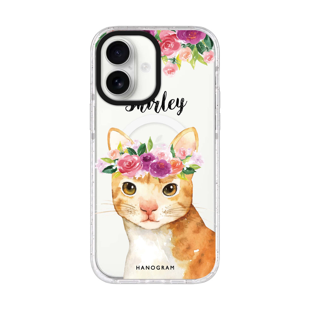 Floral and Cat personalized name iPhone 17 ultra clear MagSafe case, front product view