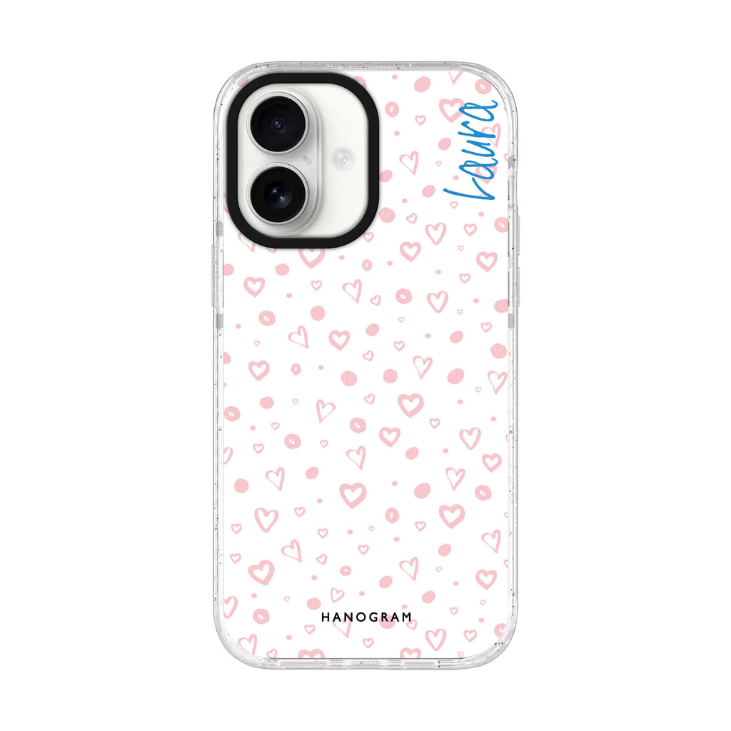 Pinky Hearts personalized name iPhone 17 ultra clear MagSafe case, front product view