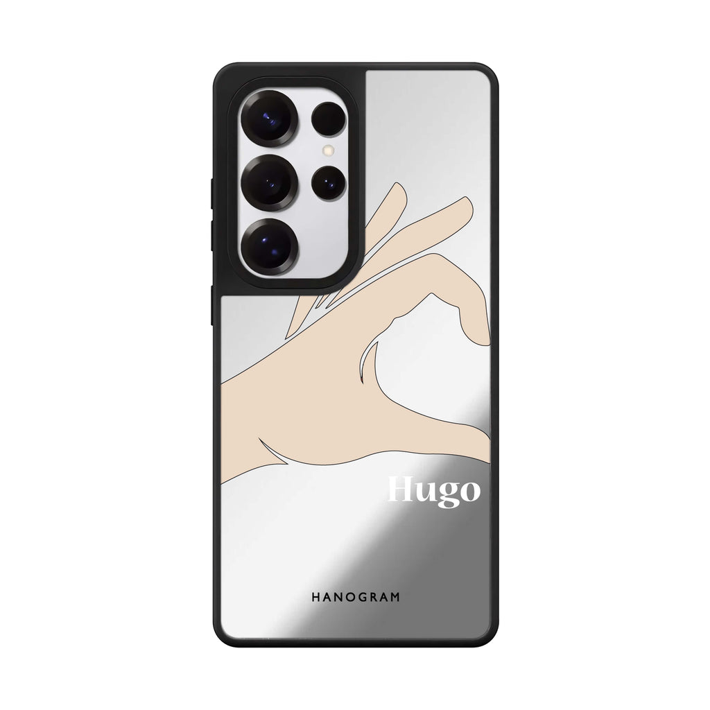 Custom Left Hand Heart Samsung Galaxy S25 S24 S23 Ultra mirror case, front view