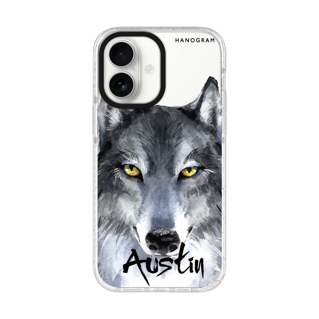 Snow Wolf personalized name iPhone 17 ultra clear MagSafe case, front product view