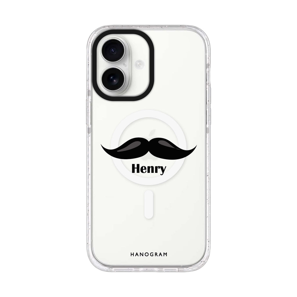 Moustache personalized name iPhone 17 ultra clear MagSafe case, front product view