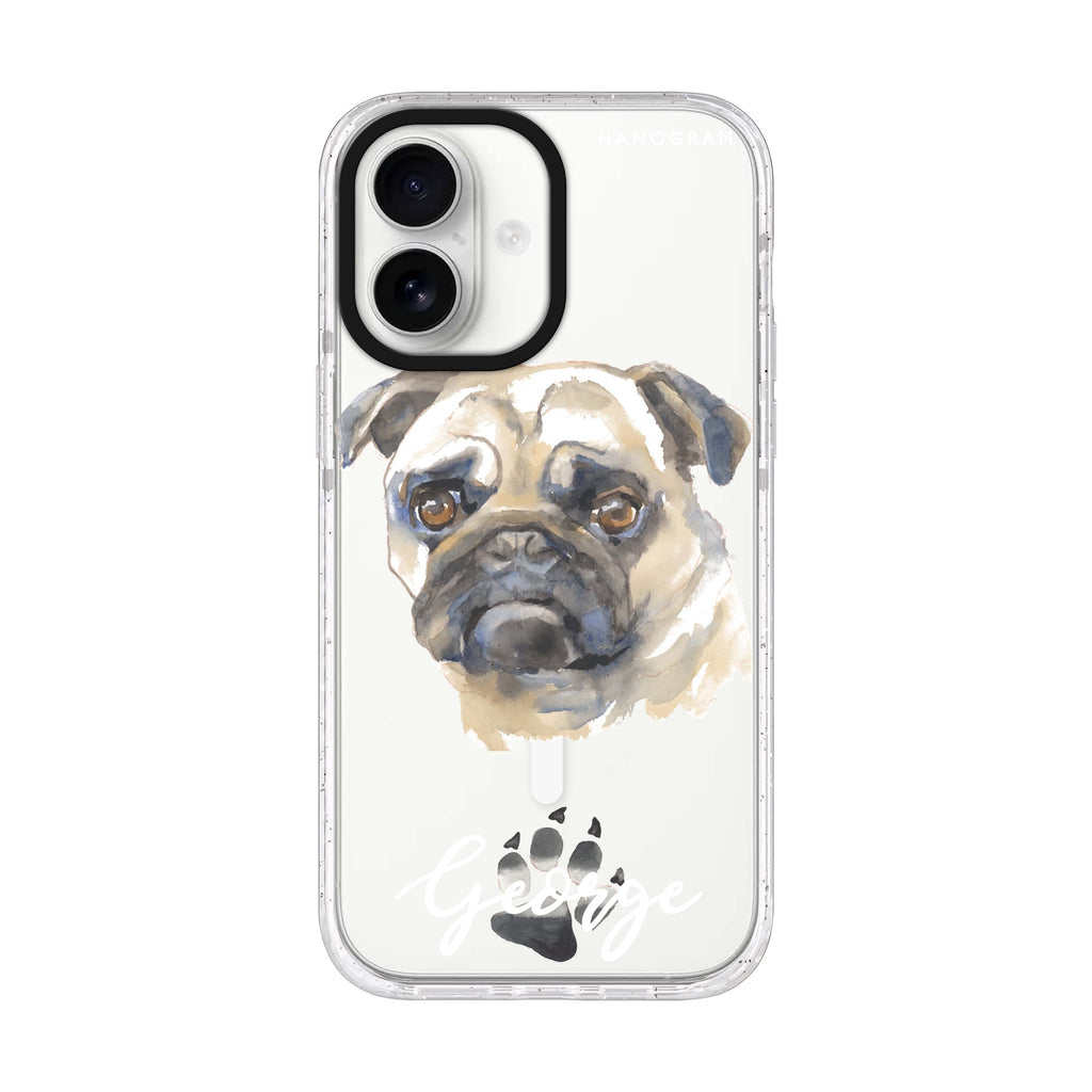 Pug personalized name iPhone 17 ultra clear MagSafe case, front product view
